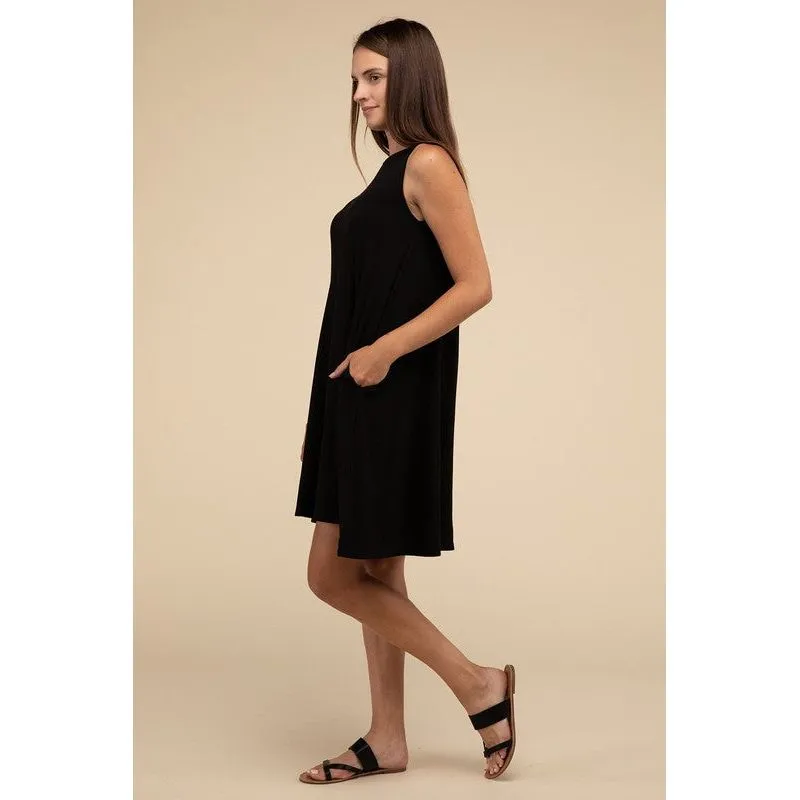 Sleeveless Flared Dress with Side Pockets
