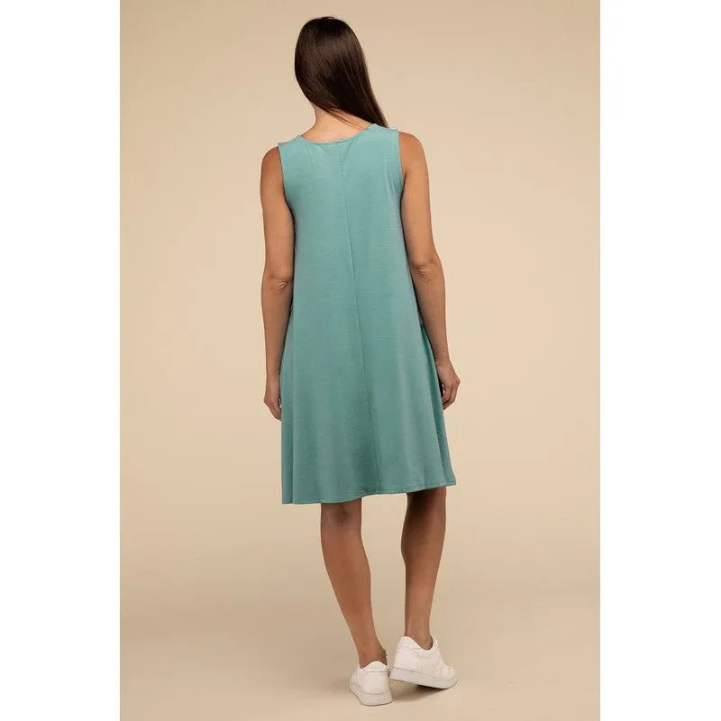 Sleeveless Flared Dress with Side Pockets