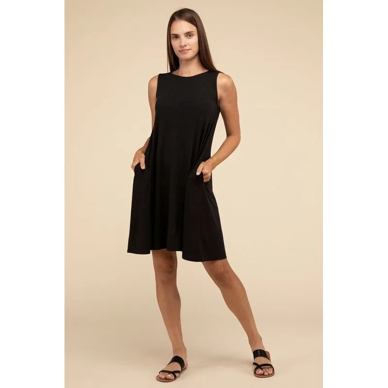 Sleeveless Flared Dress with Side Pockets