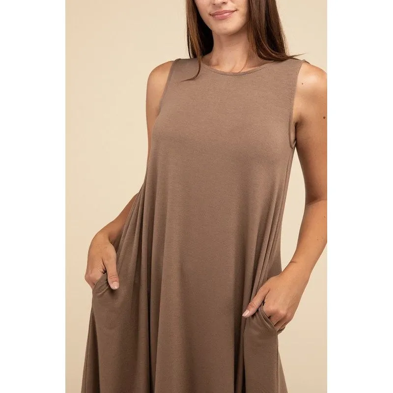 Sleeveless Flared Dress with Side Pockets