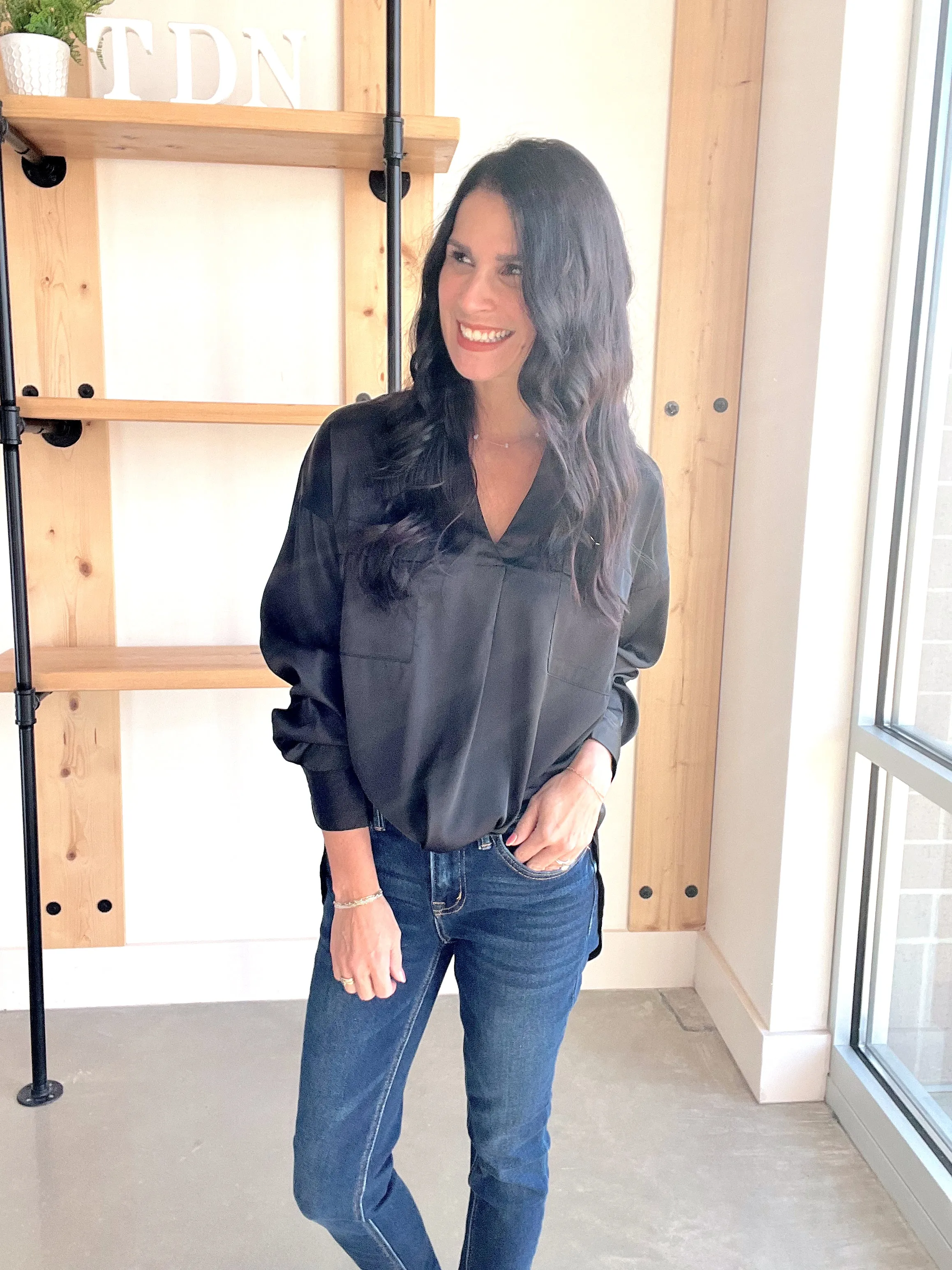 Solid Satin Split Neck Top in Black