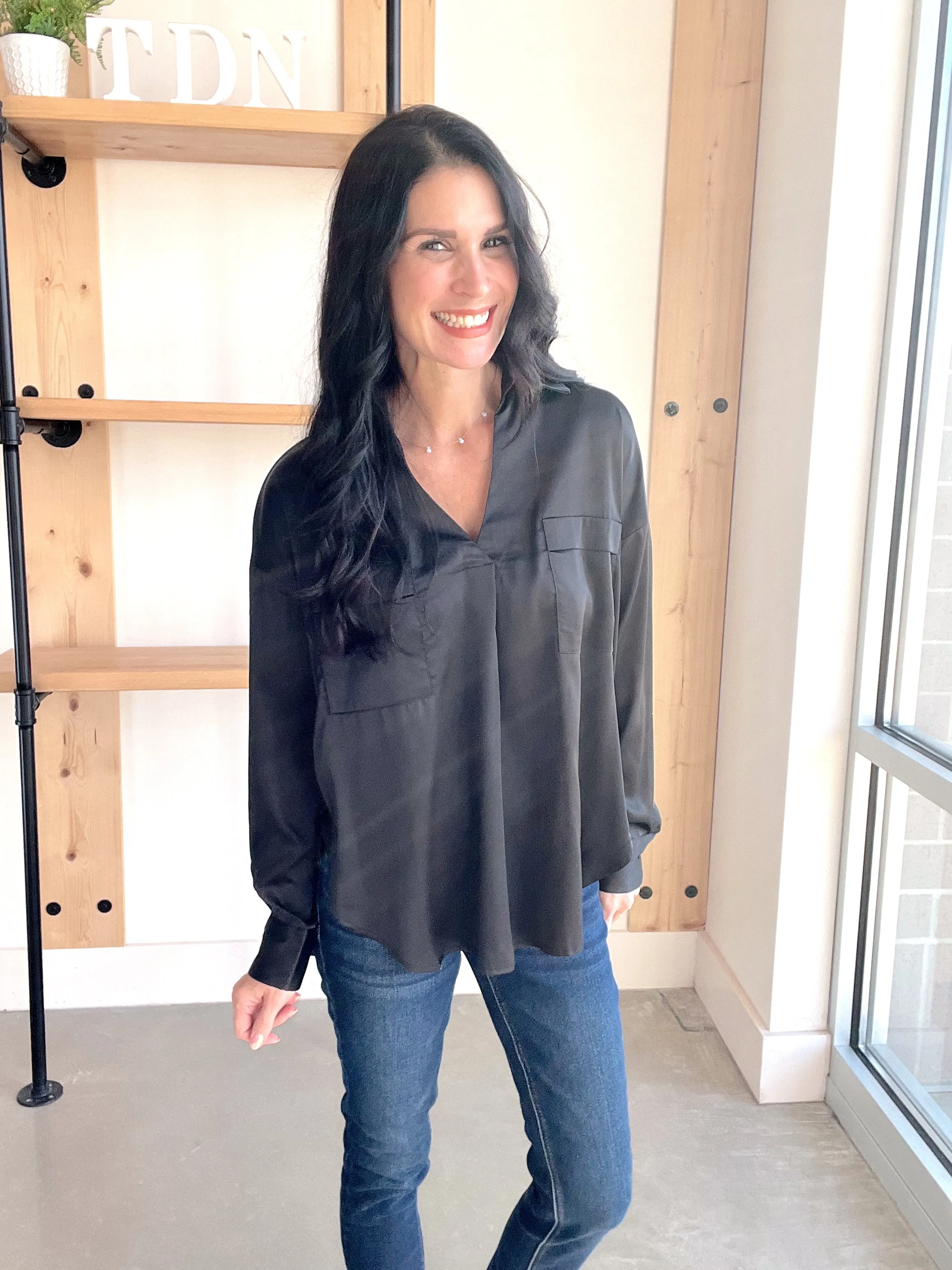 Solid Satin Split Neck Top in Black