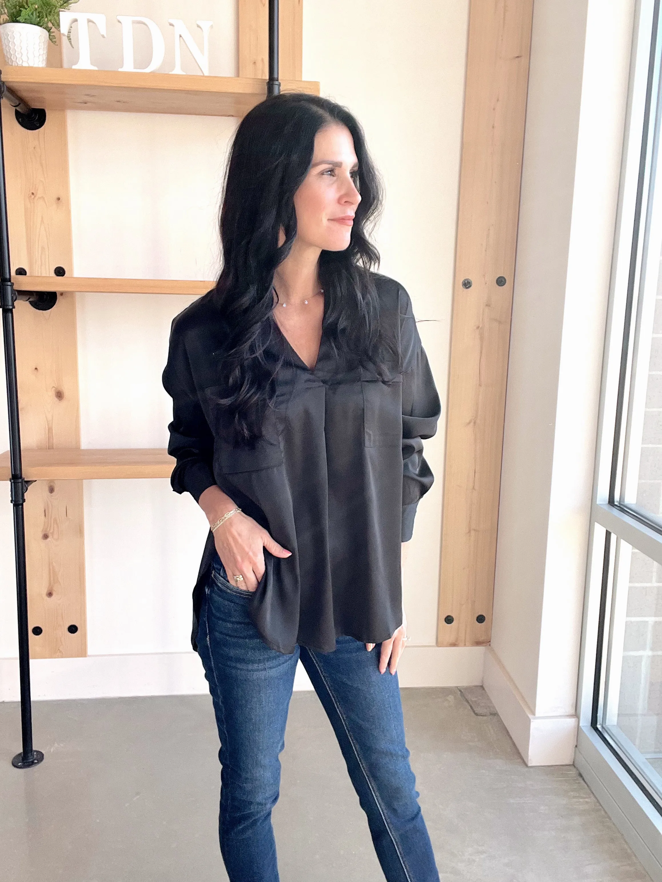 Solid Satin Split Neck Top in Black