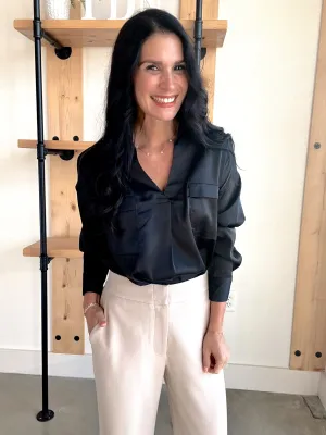 Solid Satin Split Neck Top in Black