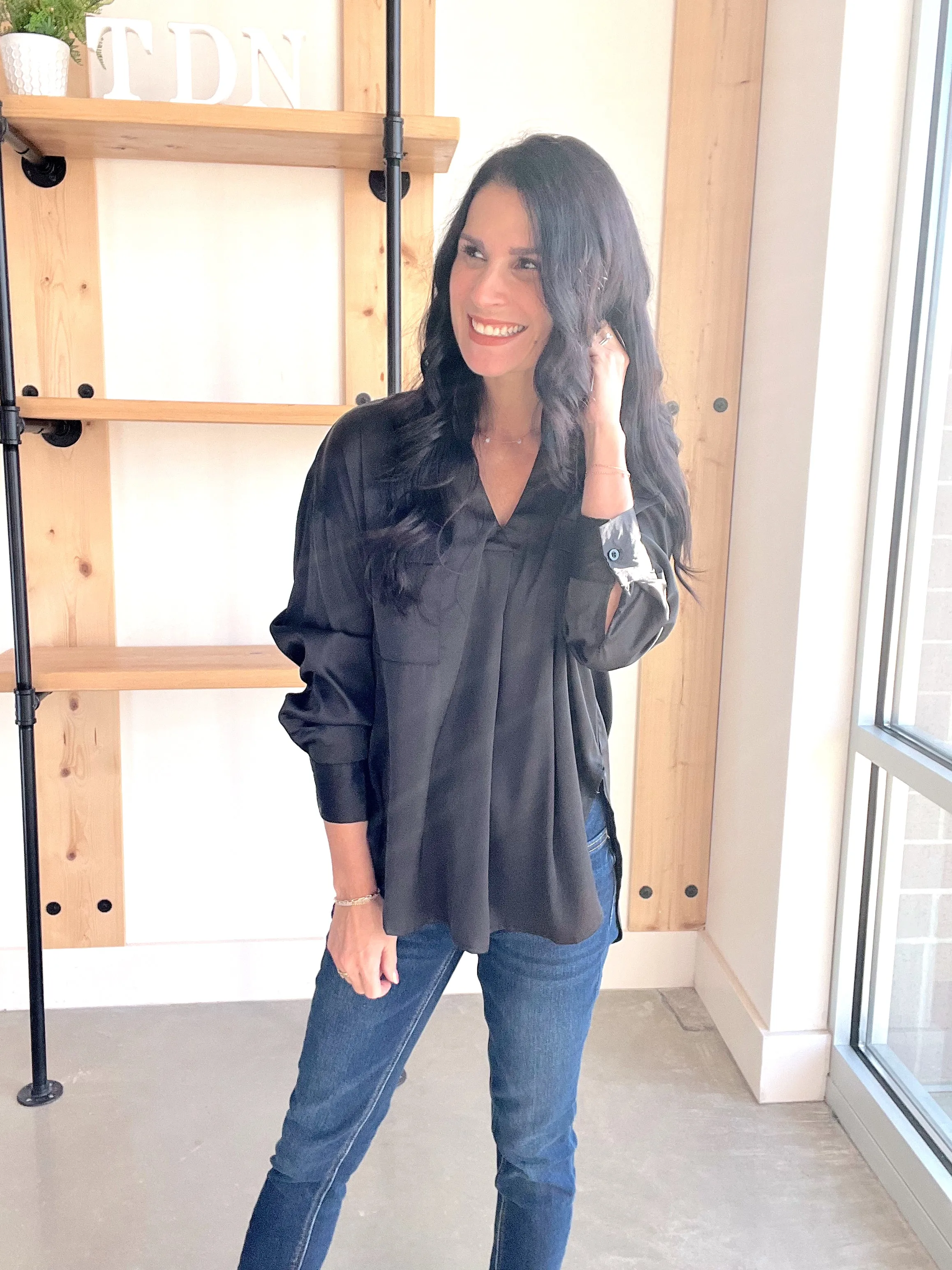 Solid Satin Split Neck Top in Black