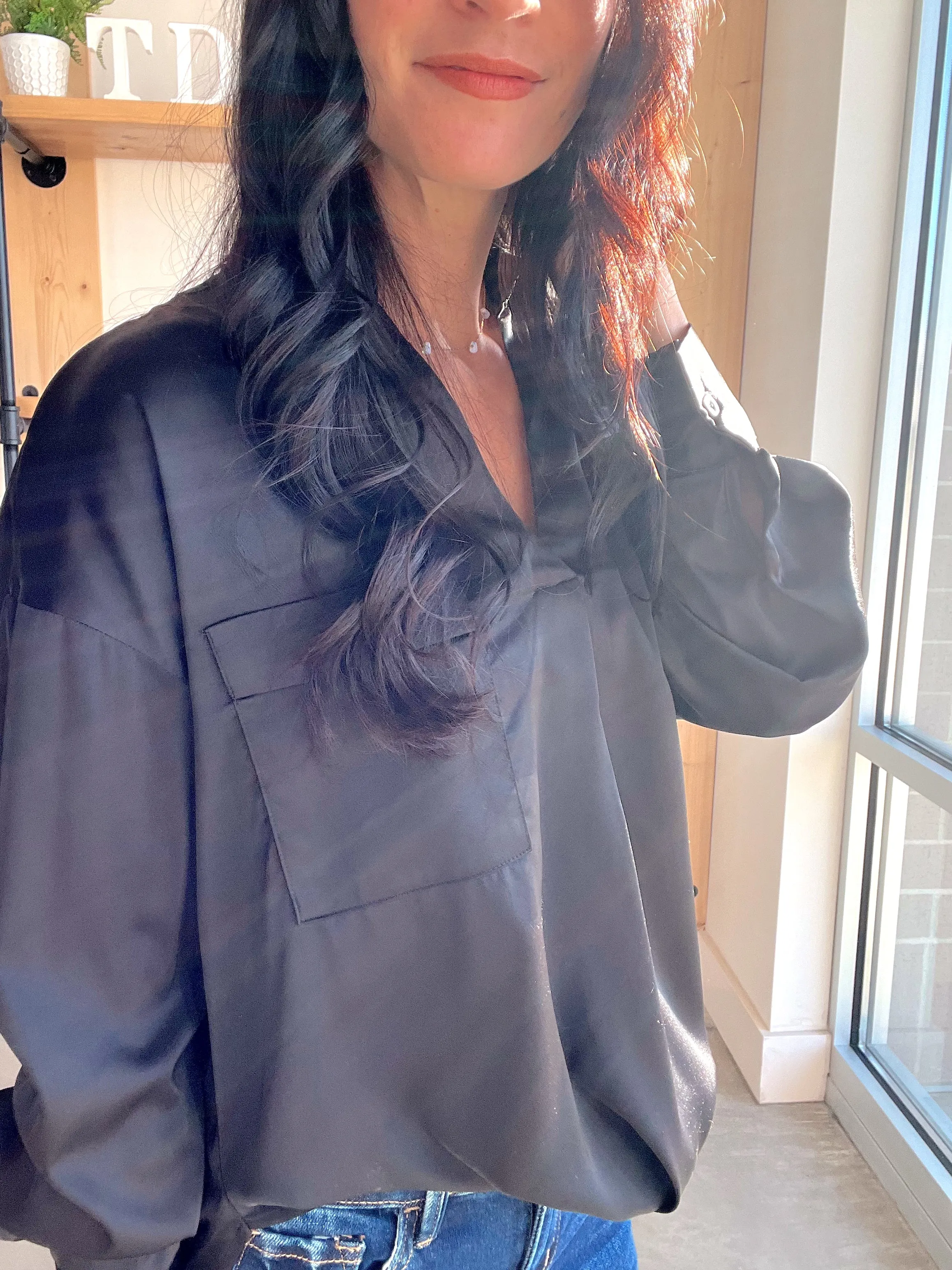 Solid Satin Split Neck Top in Black