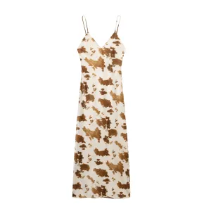Spaghetti Strap V-Neck Cow Print Maxi Dress