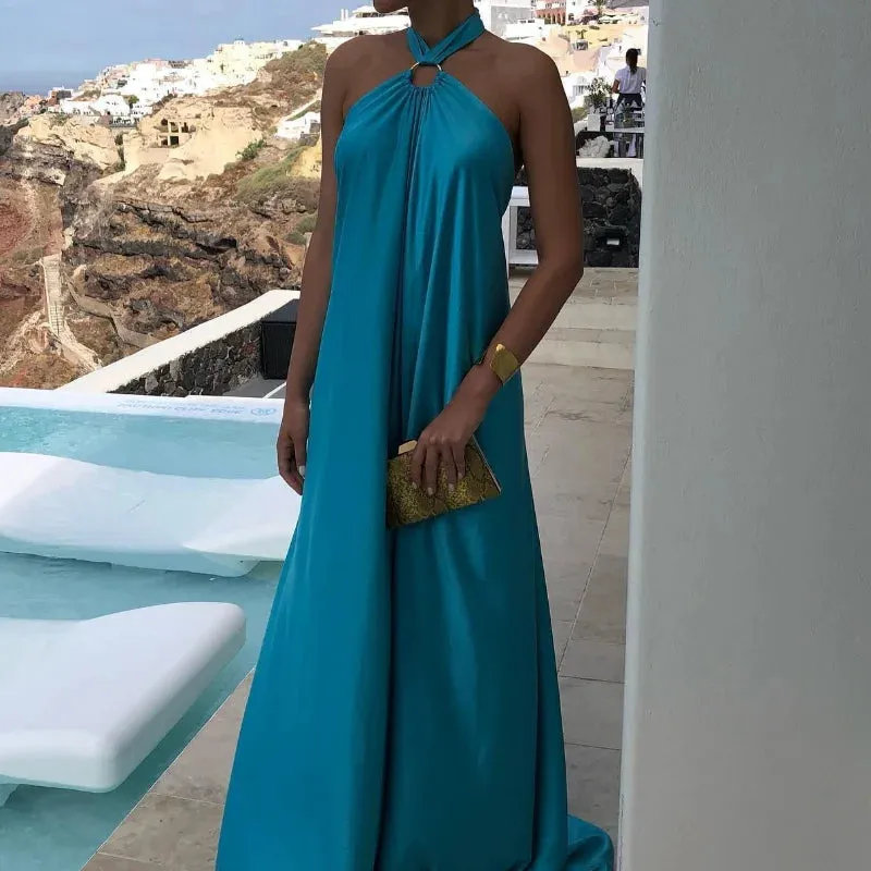 Spring Summer Women's Maxi Party Dress Solid Color Blue Sexy Long Dress Boutique Fashion Women A-line Evening Dress