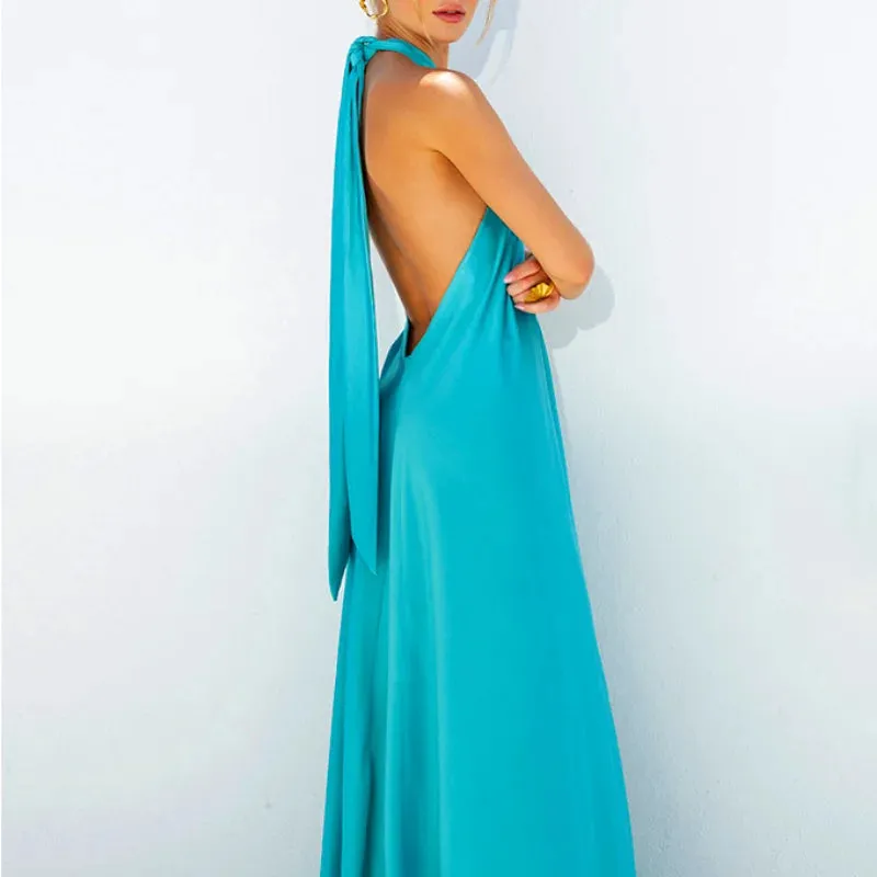 Spring Summer Women's Maxi Party Dress Solid Color Blue Sexy Long Dress Boutique Fashion Women A-line Evening Dress