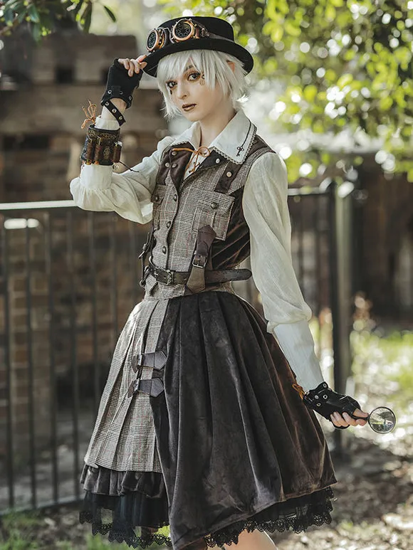 Steampunk Lolita Cardigan Cotton Blend Velour Metal Details Brown Lovely Lolita Overcoat