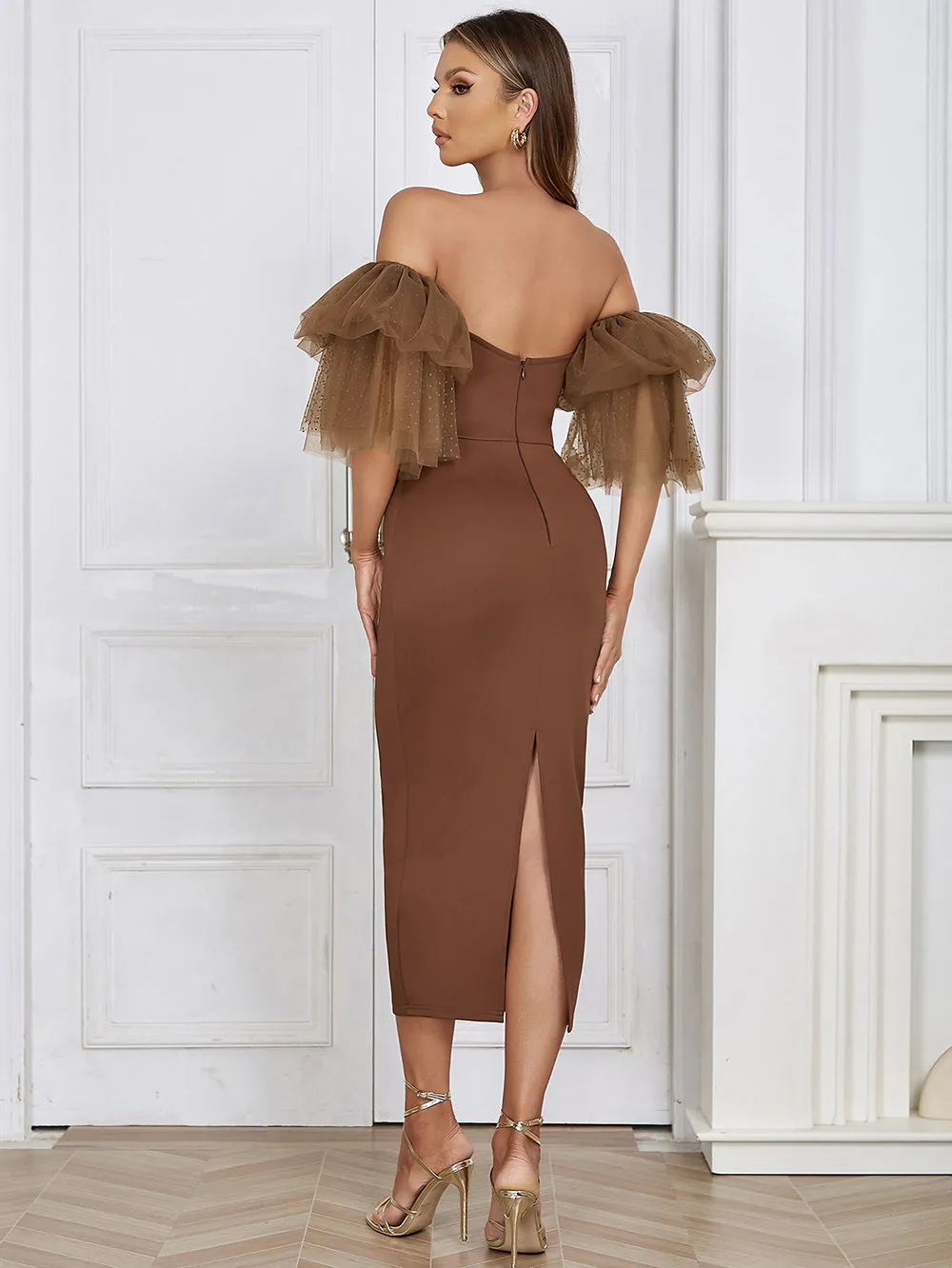 Strapless Short Sleeve Mesh Maxi Bodycon Dress HB0208