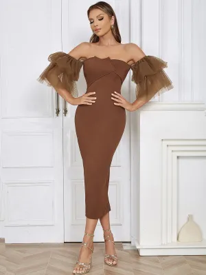 Strapless Short Sleeve Mesh Maxi Bodycon Dress HB0208