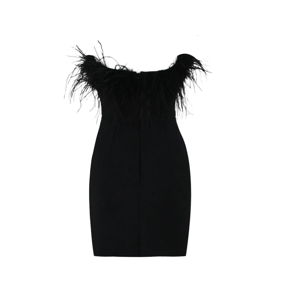 Strapless Sleeveless Feather Mini Bandage Dress HL89201
