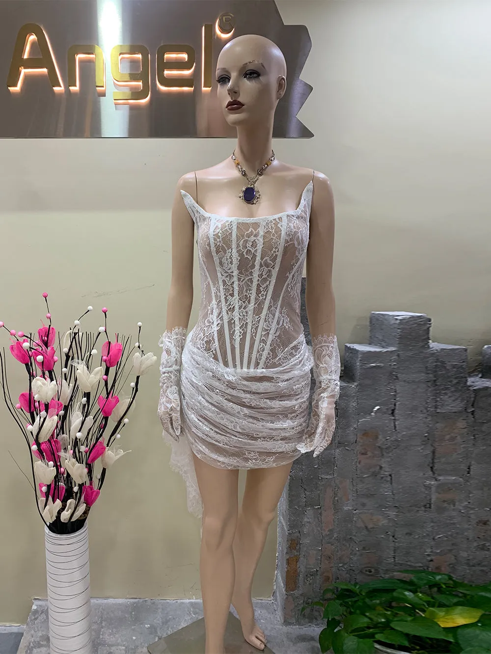 Strapless Sleeveless Lace Mini Bodycon Dress HT961