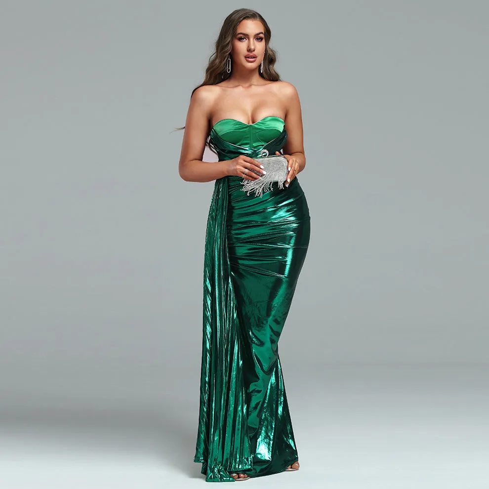 Strapless Sleeveless Maxi Ruched Bodycon Dress