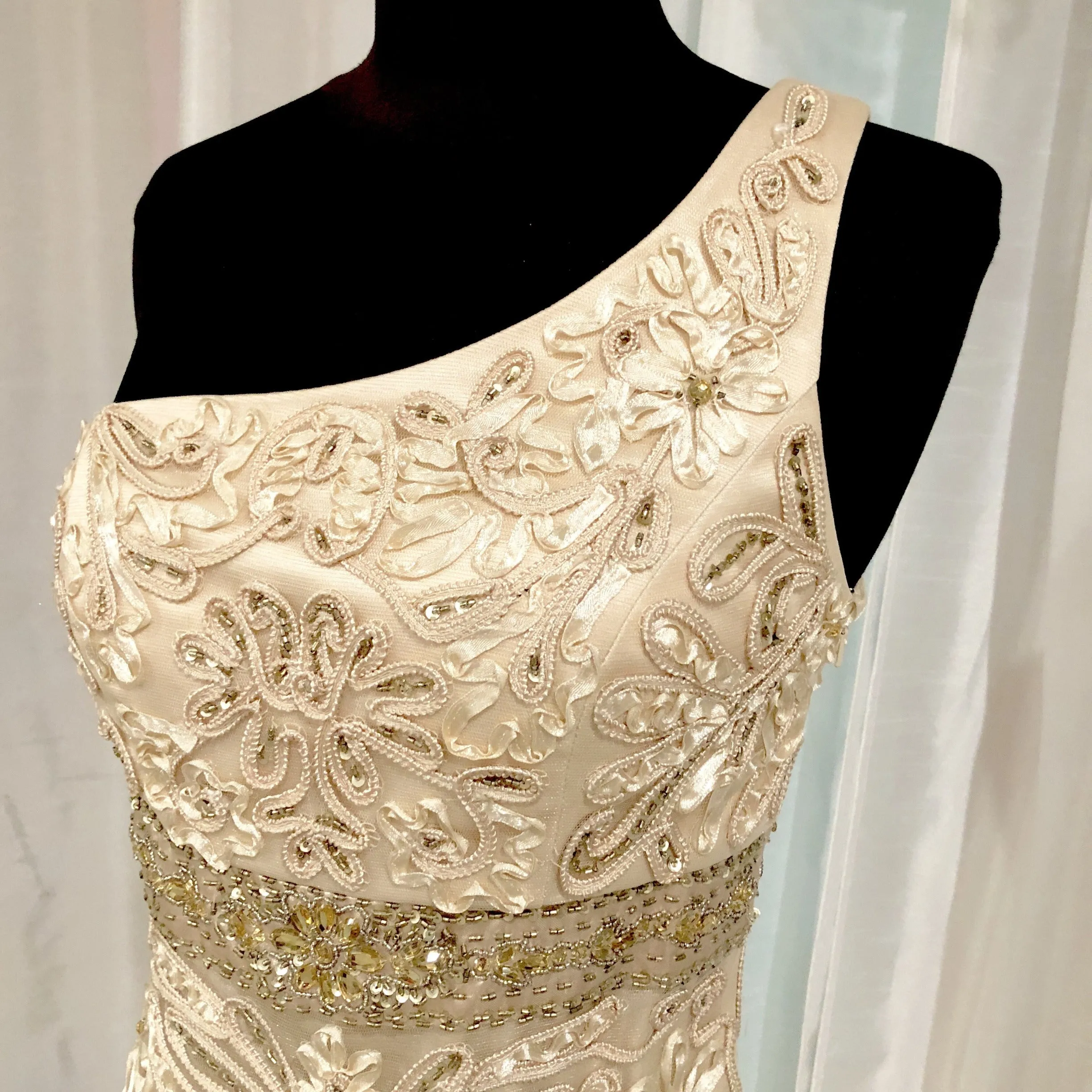 SUE WONG Gold One Shoulder Cocktail Dress Size 2
