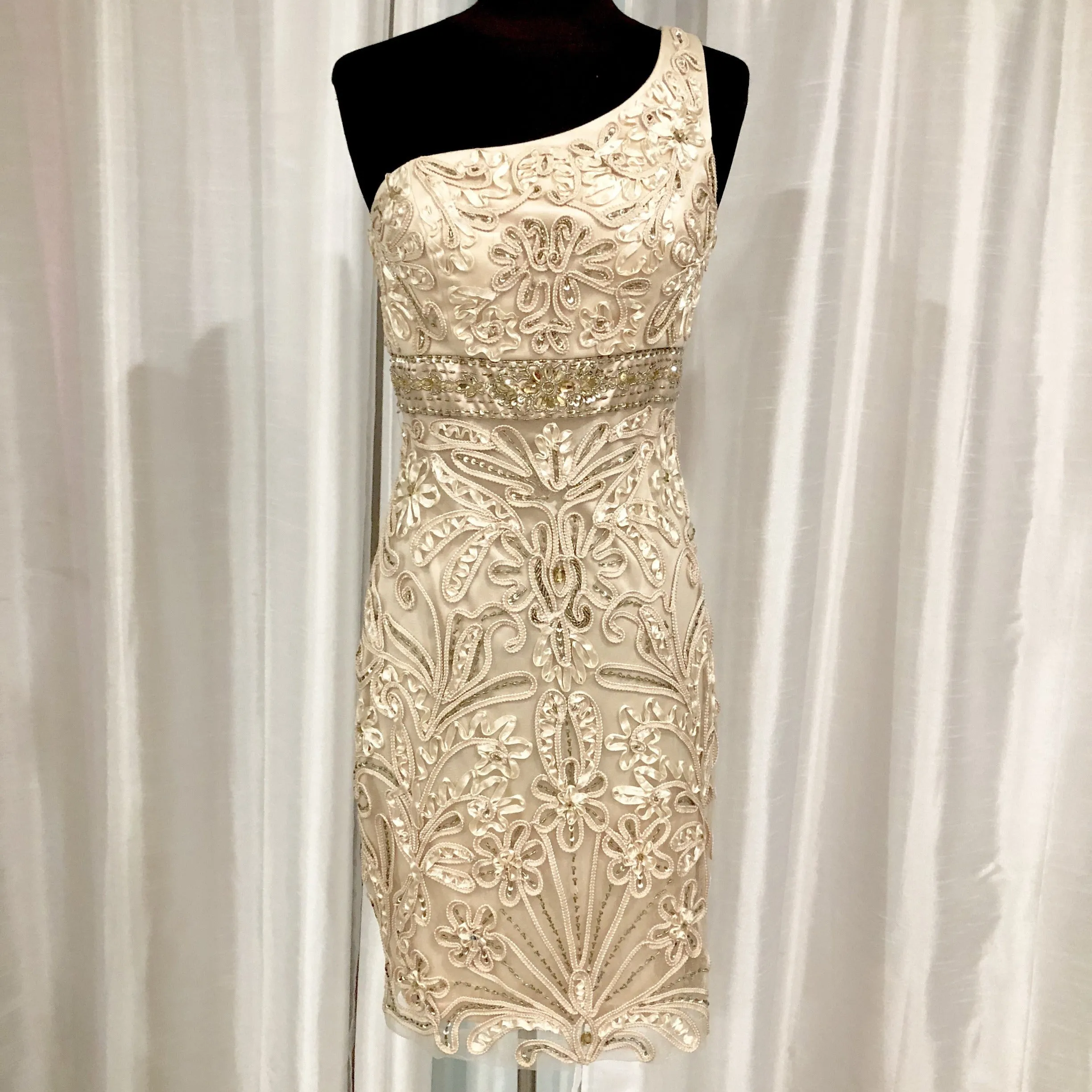 SUE WONG Gold One Shoulder Cocktail Dress Size 2