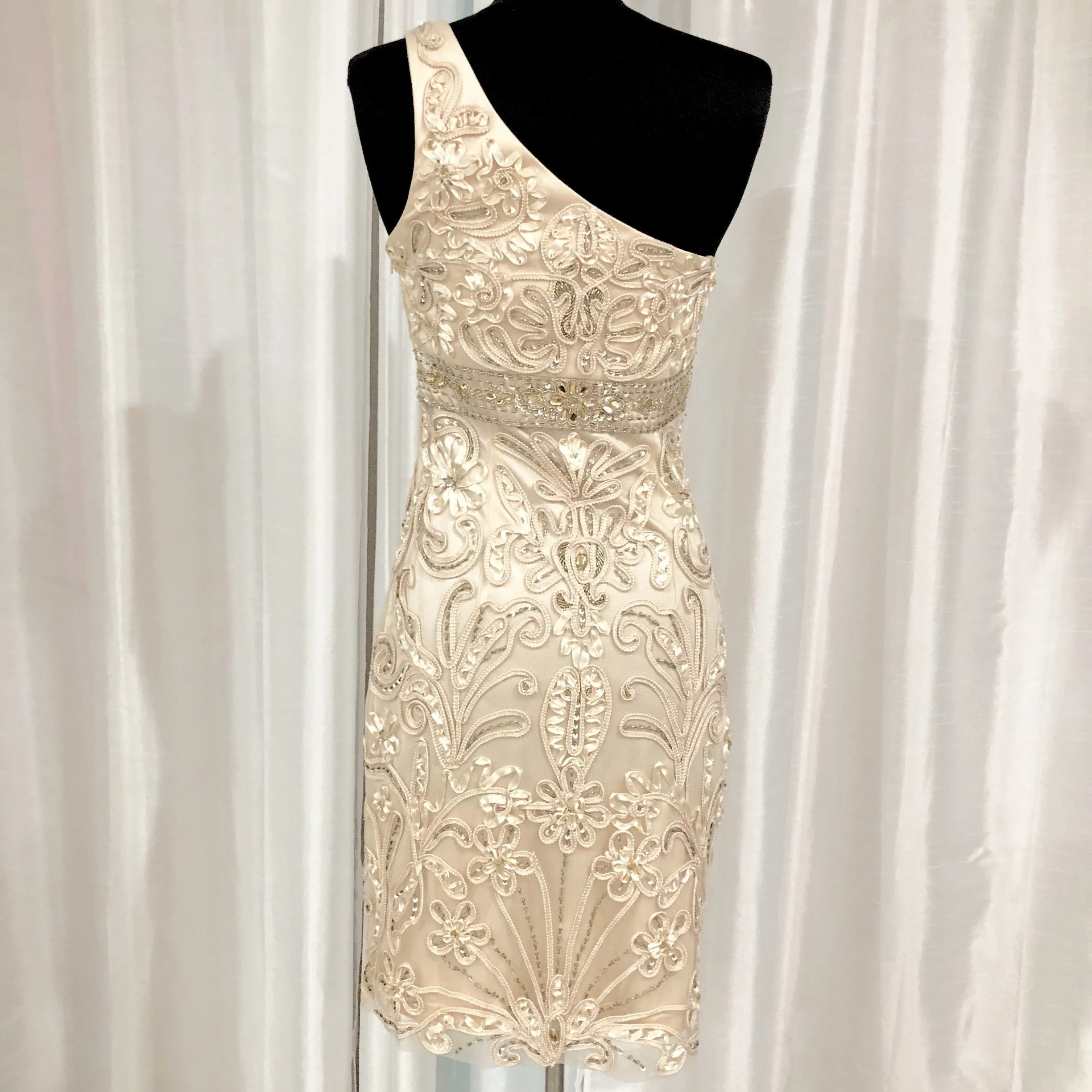 SUE WONG Gold One Shoulder Cocktail Dress Size 2