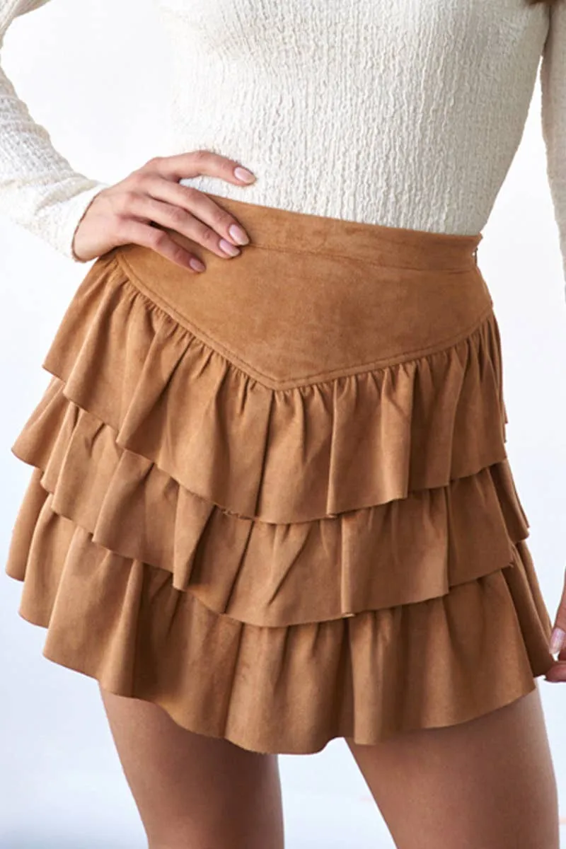 Suede Mini Sage   Fig Skirt: Camel