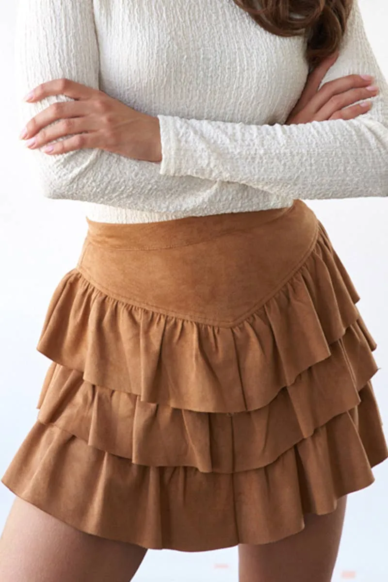Suede Mini Sage   Fig Skirt: Camel