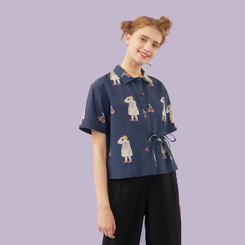 Summer New Original Fashion Women Chiffon Blouse Girls Printed Ladies Shirt Tops Lace Up Pocket Short Sleeve Loose Top Kimono