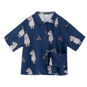 Summer New Original Fashion Women Chiffon Blouse Girls Printed Ladies Shirt Tops Lace Up Pocket Short Sleeve Loose Top Kimono