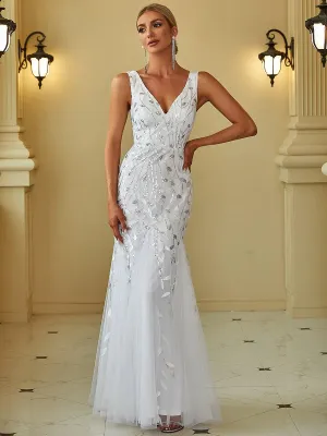 Taille personnalisée Robe de soirée Longue Sexy en sequins col en V pour femmes