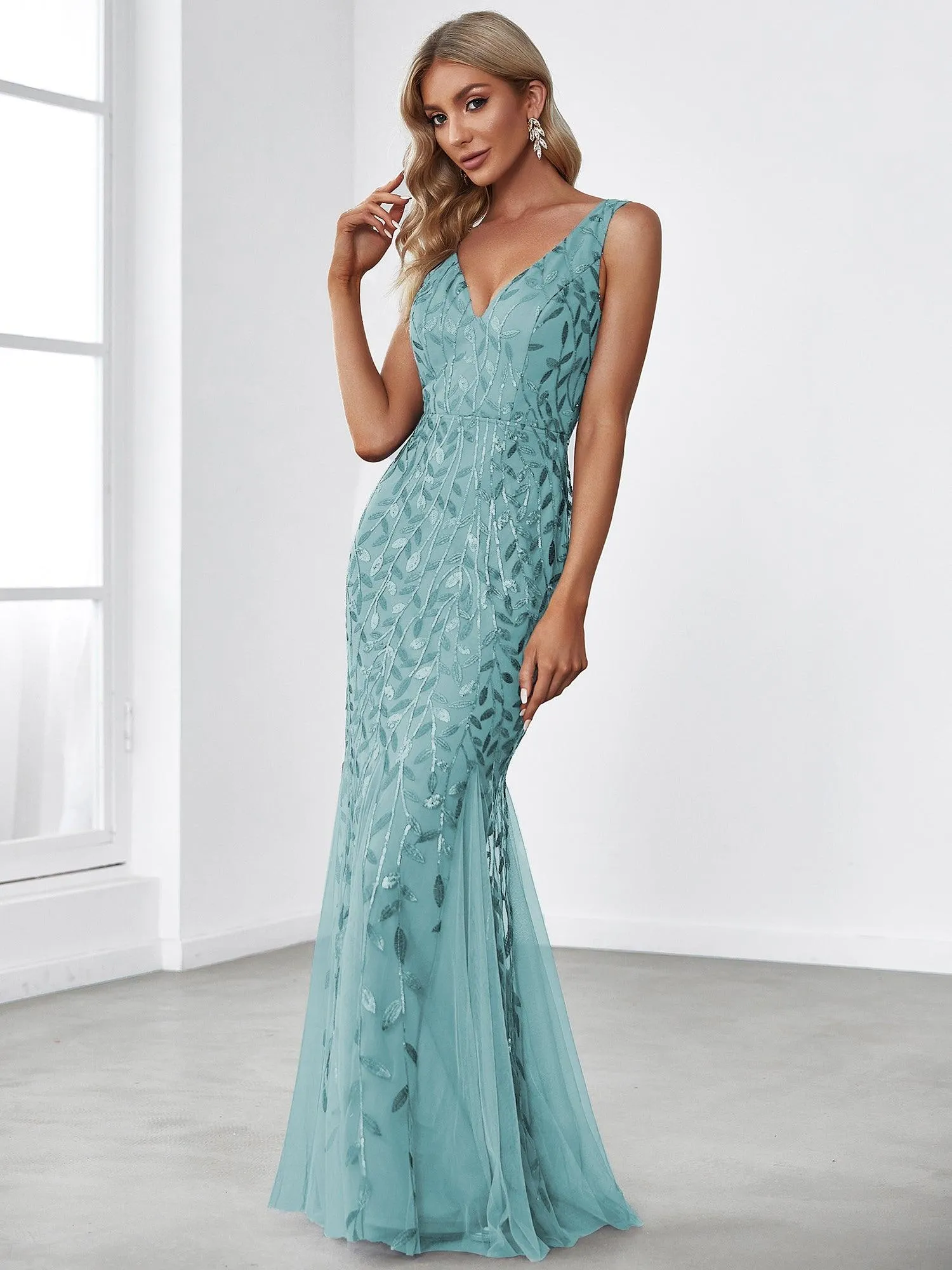 Taille personnalisée Robe de soirée Longue Sexy en sequins col en V pour femmes