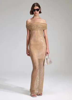 Tan Hotfix Fishnet Maxi Dress