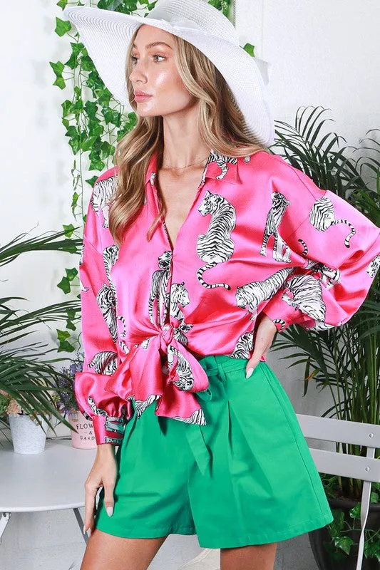 Tasha Tiger Print Tie Front Satin Top