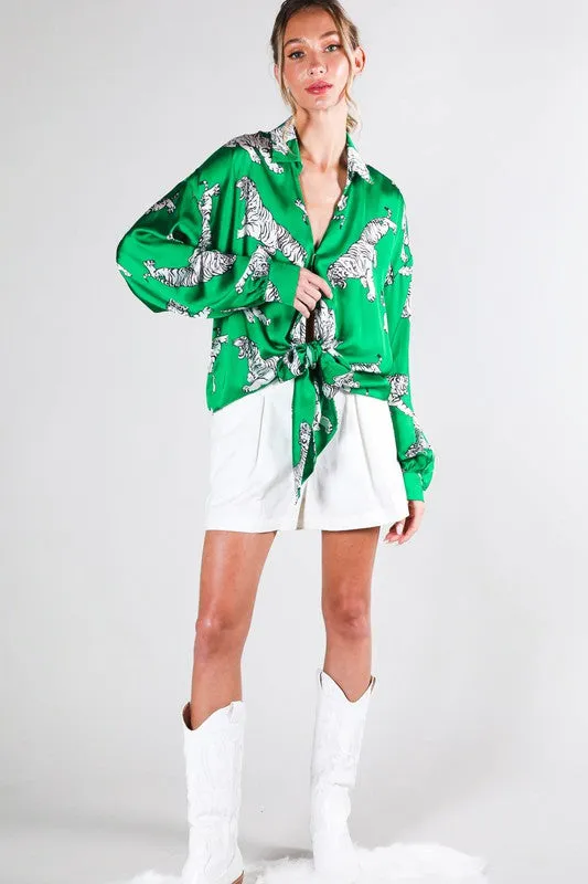 Tasha Tiger Print Tie Front Satin Top