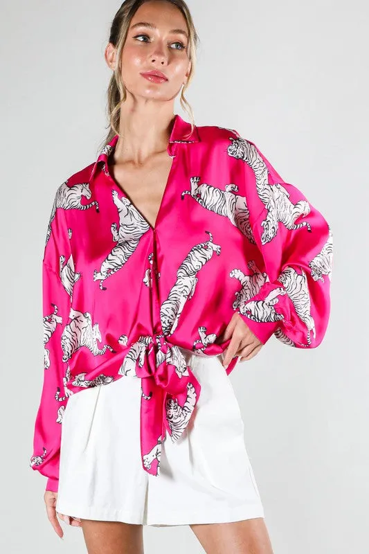 Tasha Tiger Print Tie Front Satin Top