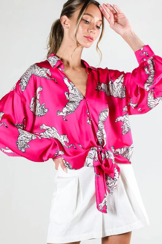 Tasha Tiger Print Tie Front Satin Top