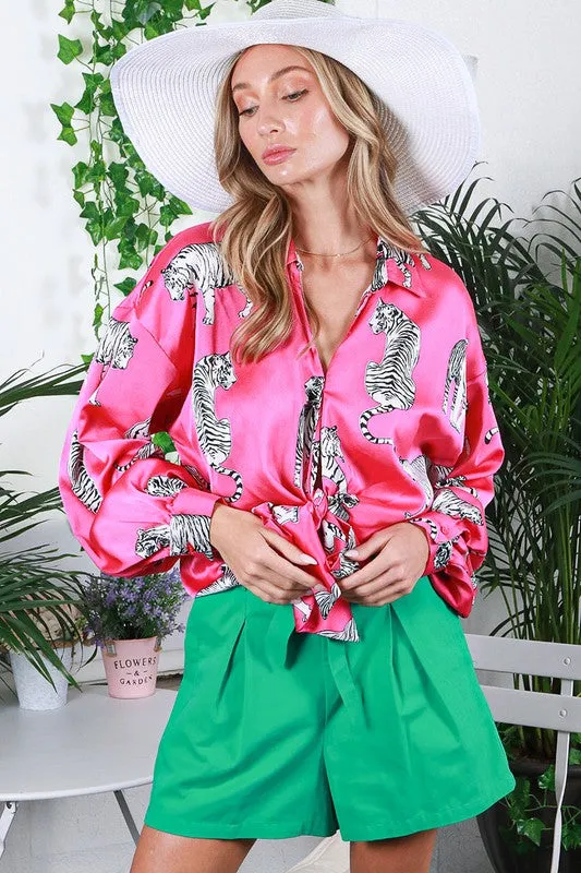 Tasha Tiger Print Tie Front Satin Top