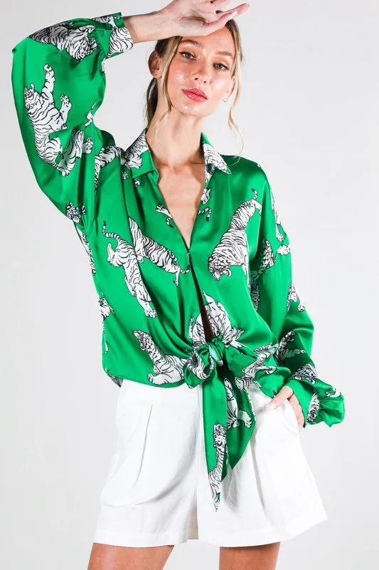 Tasha Tiger Print Tie Front Satin Top