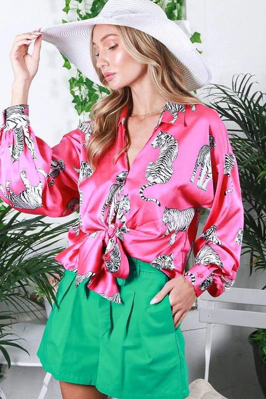 Tasha Tiger Print Tie Front Satin Top