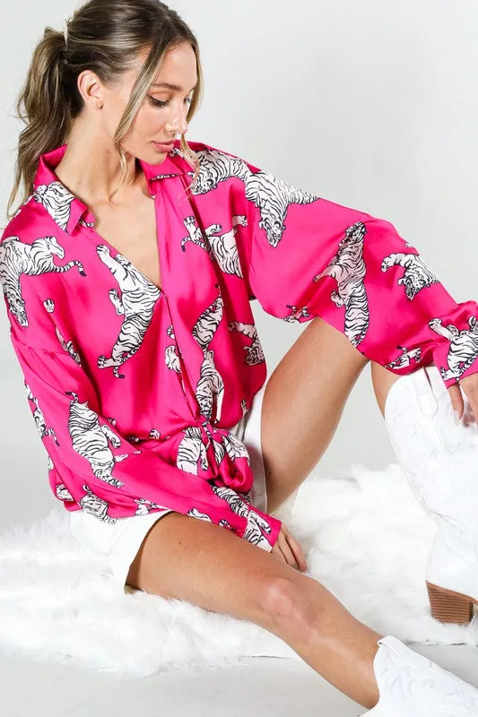 Tasha Tiger Print Tie Front Satin Top
