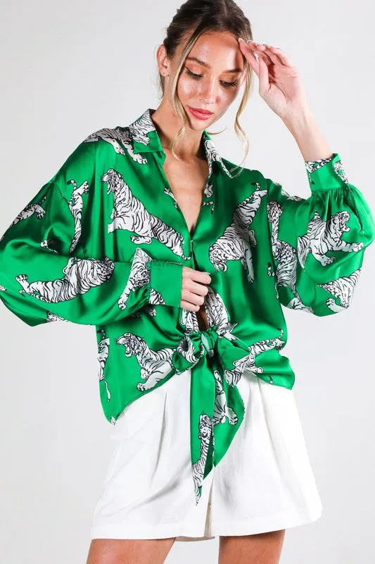 Tasha Tiger Print Tie Front Satin Top