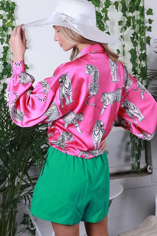 Tasha Tiger Print Tie Front Satin Top