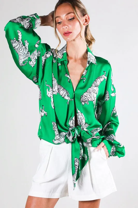 Tasha Tiger Print Tie Front Satin Top