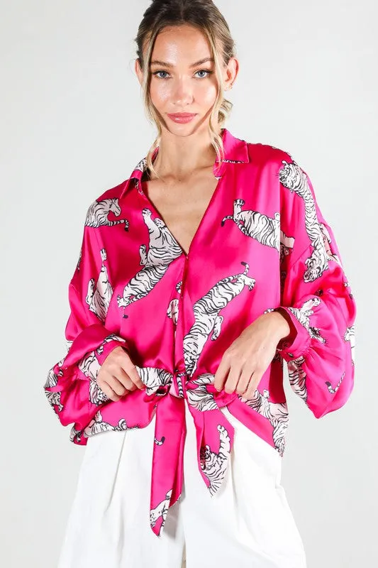 Tasha Tiger Print Tie Front Satin Top