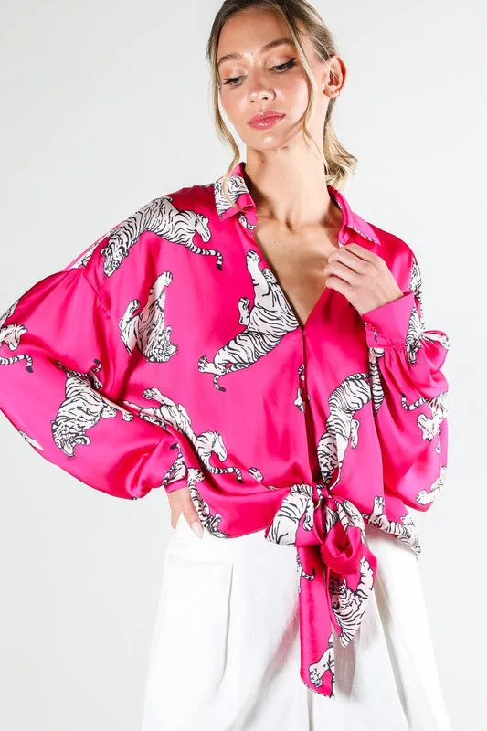 Tasha Tiger Print Tie Front Satin Top