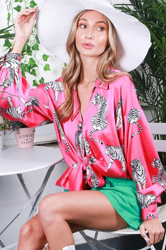 Tasha Tiger Print Tie Front Satin Top