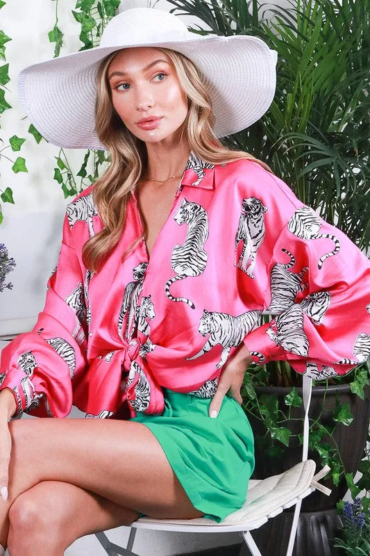 Tasha Tiger Print Tie Front Satin Top