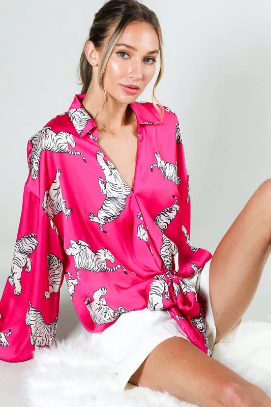 Tasha Tiger Print Tie Front Satin Top