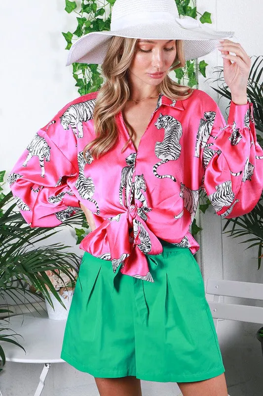 Tasha Tiger Print Tie Front Satin Top
