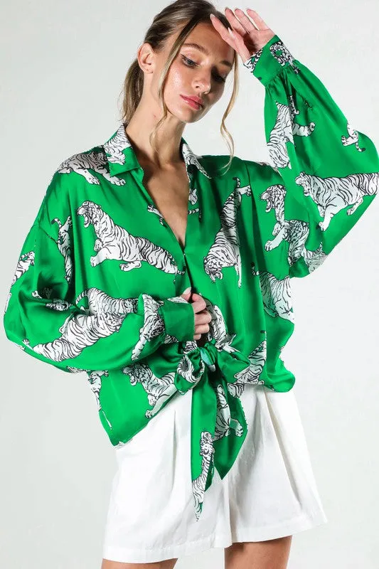 Tasha Tiger Print Tie Front Satin Top