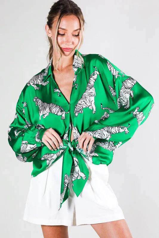 Tasha Tiger Print Tie Front Satin Top