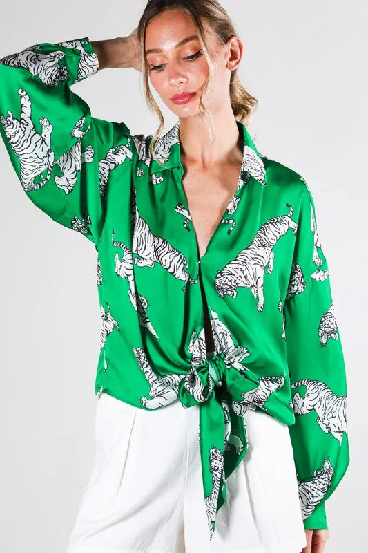 Tasha Tiger Print Tie Front Satin Top