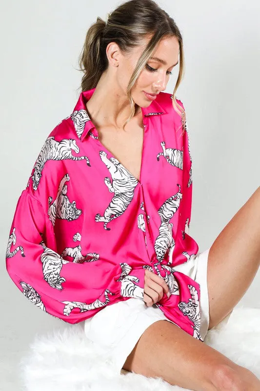 Tasha Tiger Print Tie Front Satin Top